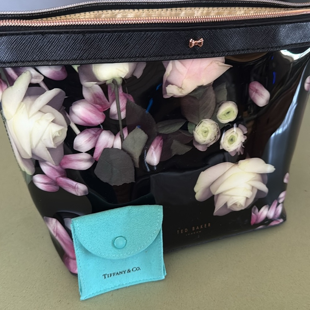 Ted Baker Black and Pink Floral Cosmetic Bag and T&Co jewelry pouch